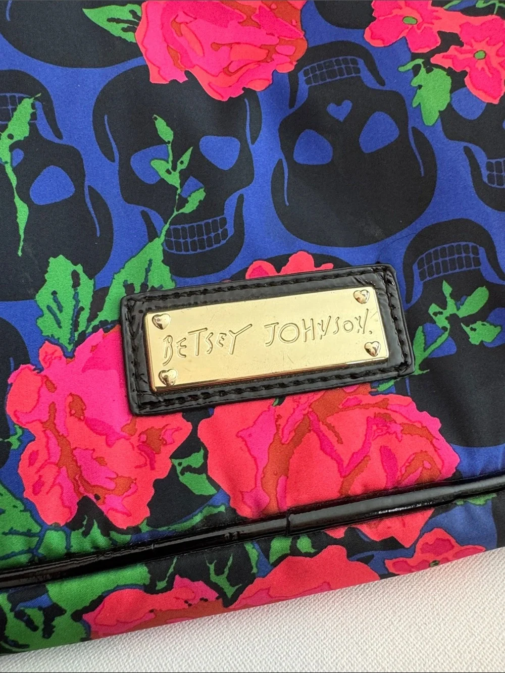 Betsey Johnson Blue Floral Skull Laptop Bag with Pink and Green Accents